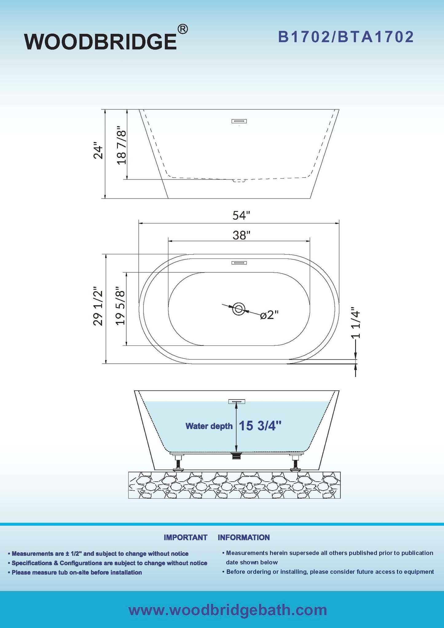 WOODBRIDGE 54" Acrylic Freestanding Bathtub Contemporary Soaking White Tub with Brushed Nickel Overflow and Drain，BTA1702-B/N
