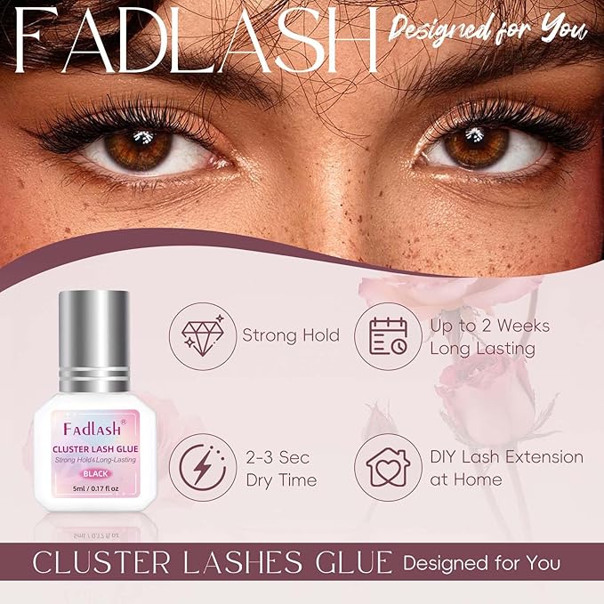 FADLASH Lash Cluster Glue Black Eyelash Glue for DIY Lash Extensions Waterproof 2-3s Fast Drying 2 Weeks Retention Long-Lasting at Home (5ml)