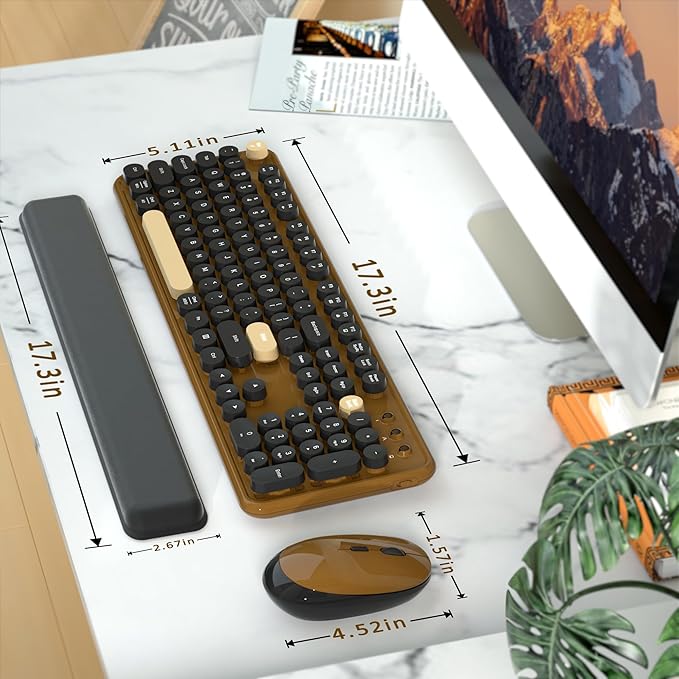 Wireless Computer Keyboards Mouse Combos, COVEVA Colorful Typewriter Retro Keyboard with Round Keycaps, USB Keyboard and Mouse Set 2.4GHz Full-Size Wireless Keyboard and Optical Mouse（Black-Coffee）
