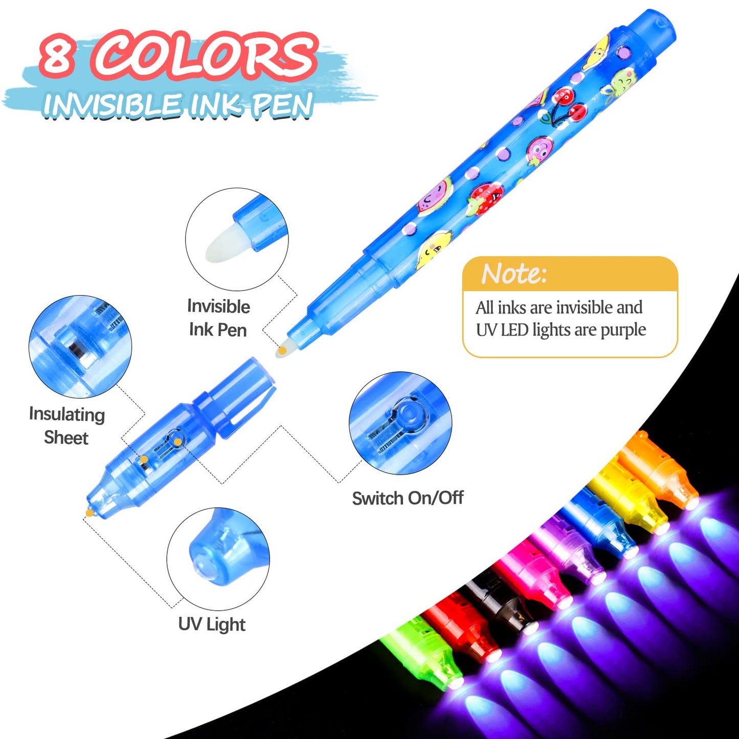 TAFULOR Invisible Ink Pen for Kids, Birthday Party Favors for Girls Boys, Spy Pens with UV Light Secret Message Magic Markers, Goody Bag Stuffers Toys for 4-12 Year Old Girls Boys Gift (8PCS)