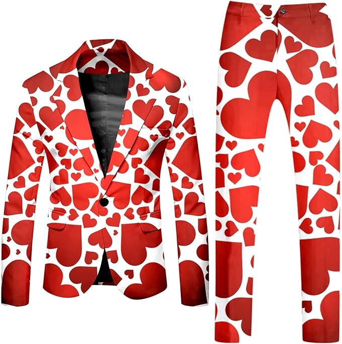 XuttHJH Mens Heart Suit Valentines Day Slim Fit Printed Blazer and Pants Love Costume 2 Piece Outfit for Party and Wedding