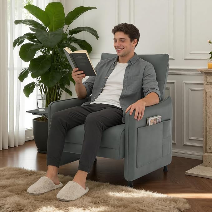 Tbillionnext Upholstered Accent Sofas Set of 2, Modern Faux Leather Sofa Chairs with Hidden Foldable Tray & Side Pocket, Rear Contour Arm Design, Small Accent Sofas for Living Room, Gray