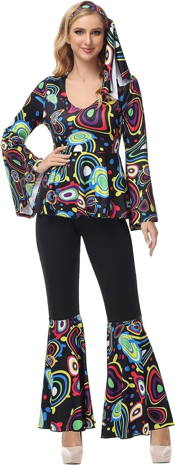Disco Outfit Women 70s Hippie Costume Disco Top Pants Set Halloween Cosplay Clothes Plus Size Black XL