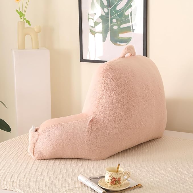 PAJEO Reading Pillow for Sitting in Bed, Large Backrest Reading Pillow with Arm Rest,Back-Rest Support Cushion for Sit Up on Couch, Sofa, and Floor, Dorm Essentials (Shell Pink Faux Fur, Large(19"))