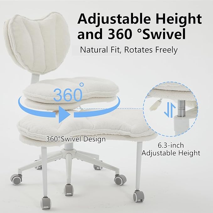 Cross Legged Office Chair with Wheels, Double-Layer Cushion & Backrest, 360° Swivel Meditation Yoga Chair, Adjustable Height Ergonomic Desk Chair for Adults & ADHD, Teddy Fabric, Ivory