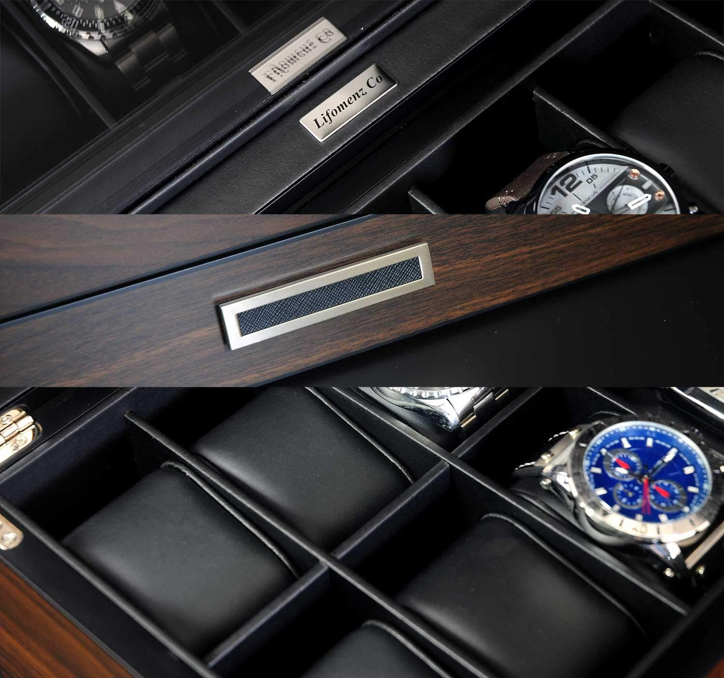 Lifomenz Co Watch Box for Men 12 Slot Wooden Watch Organizer - Premium Walnut Watch Display Case Storage with Valet Drawer, Real Glass Window & Luxury Leather Interior