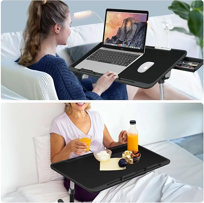 iXTRA Laptop Lap Desk Include Cooling Fan,Adjustable Lap Desk with Light Fan,Folding Laptop Desk for Bed with USB,Bed Desk with Storage Drawer 56 * 32cm,Black