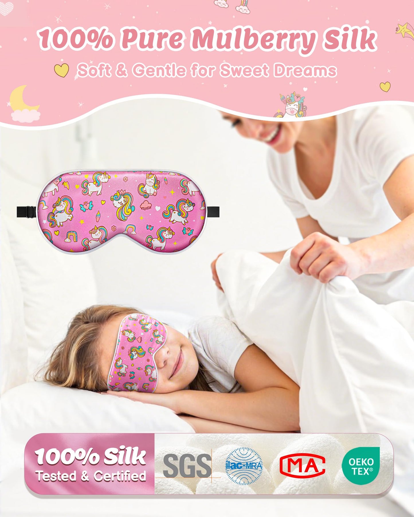 BeeVines Kids 100% Real Mulberry Silk Sleep Mask 2 Pack, Original Design Pure Silk Sleeping Eye Masks for Girls, Skin-friendly Blackout Eye Cover, Adjustable Strap, Reduce Puffy Eyes, for Travel Gifts