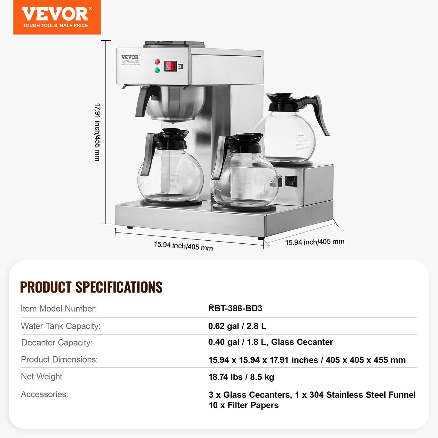 VEVOR 12 Cups Commercial Drip Coffee Maker, Coffee Maker Machine with 3 Glass Carafes and 3 Warmer Plates, Stainless Steel Pour Over Coffee Brewer for Restaurant, Office, Cafe