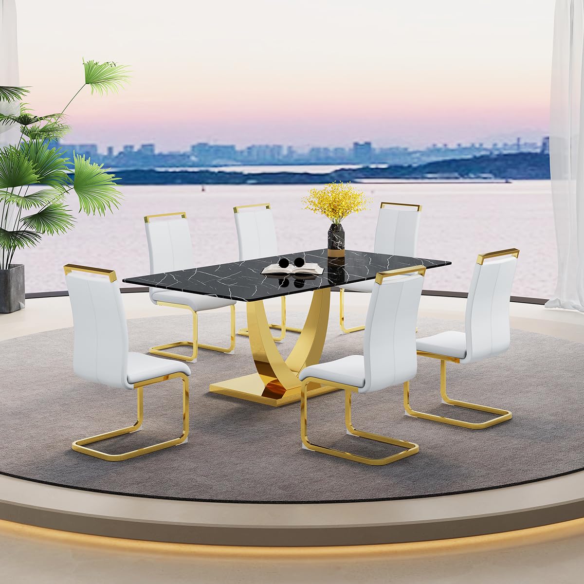 Dining Set of 6 Chairs and Table, 71'' Black Dining Table Set for 6, Faux Marble Dining Room Table Set & Ergonomic Chairs for Dining, Tempered Glass Top with U-Shaped Leg and Stainless Steel Base