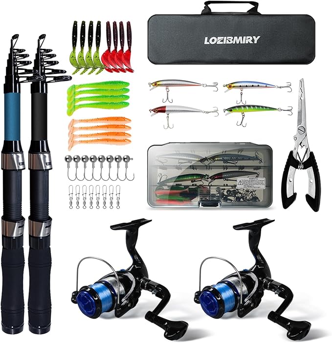 LOEIBMIRY 2 Pack 2.1m/6.89ft Telescopic Spinning Fishing Rod Reel Combos with Carrier Bag, Lures, Pliers for Saltwater Fre...