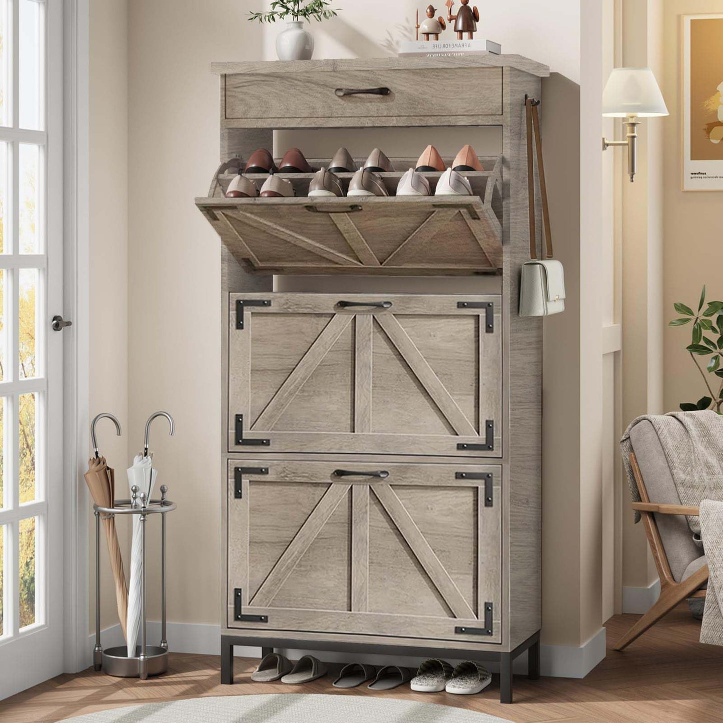 Jocoevol Shoe Cabinet Storage for Entryway with 3 Flip Drawers and 1 Top Drawer, Freestanding Hidden Narrow Shoe Cabinet with Metal Legs for Foyer, Hallway (Grey)