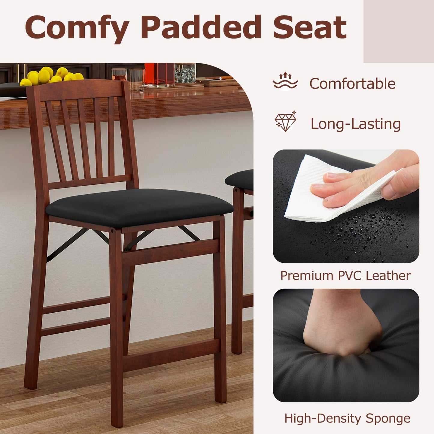 Giantex Folding Bar Stools Set of 2, 24.5" Counter Height Bar Dining Chairs with Back, Padded Seat, Footrest & Rubber Wood Legs, Upholstered Foldable Barstools for Kitchen Island, No Assembly Needed