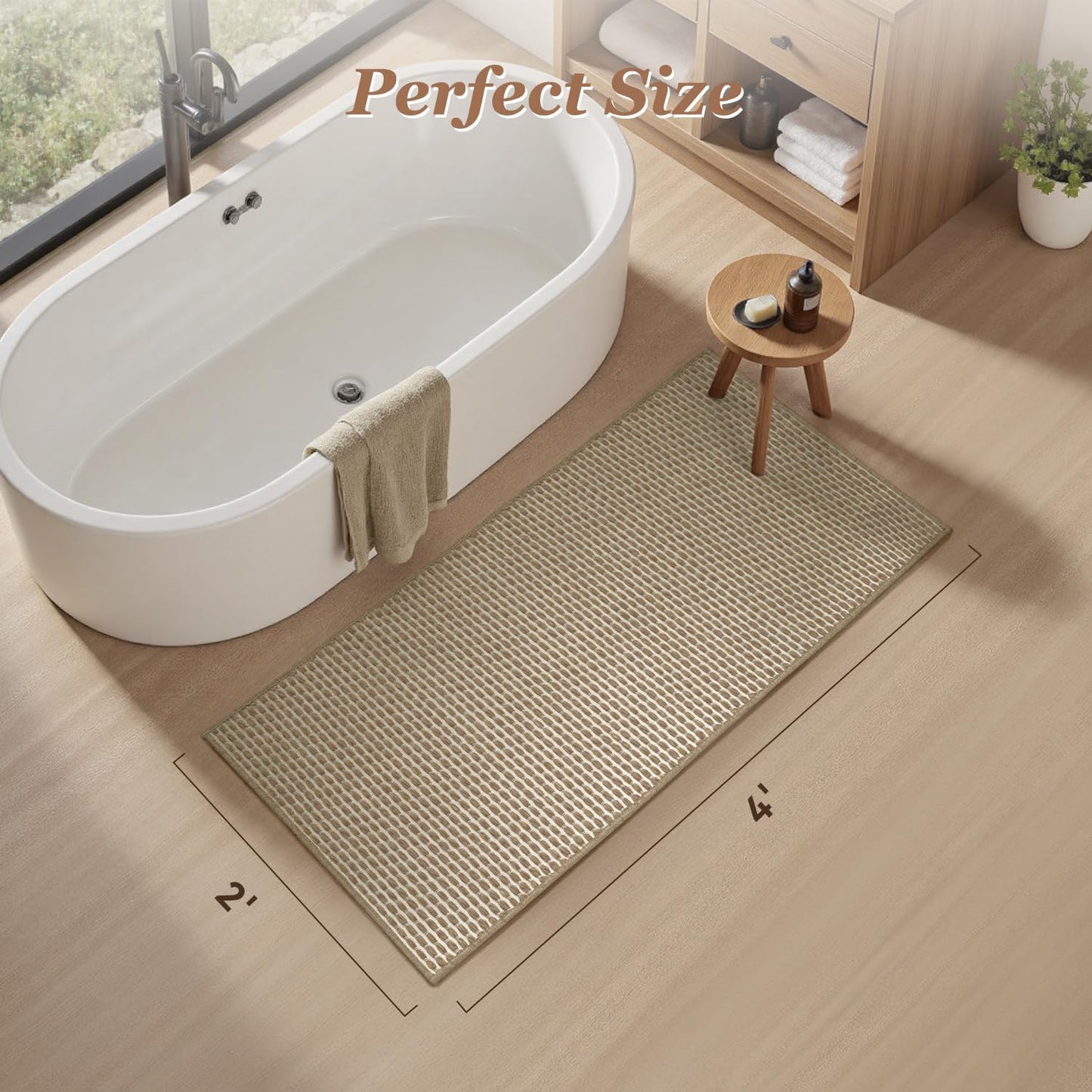 AMOAMI Unique Woven Bathroom Runner Rug, Super Absorbent Non Slip Bath Mats for Bathroom Textured Bathroom Mat Quick Dry Boho Rugs Runners for Hallyways Kitchen Bedroom Beside Tub, 2' x 4', Brown