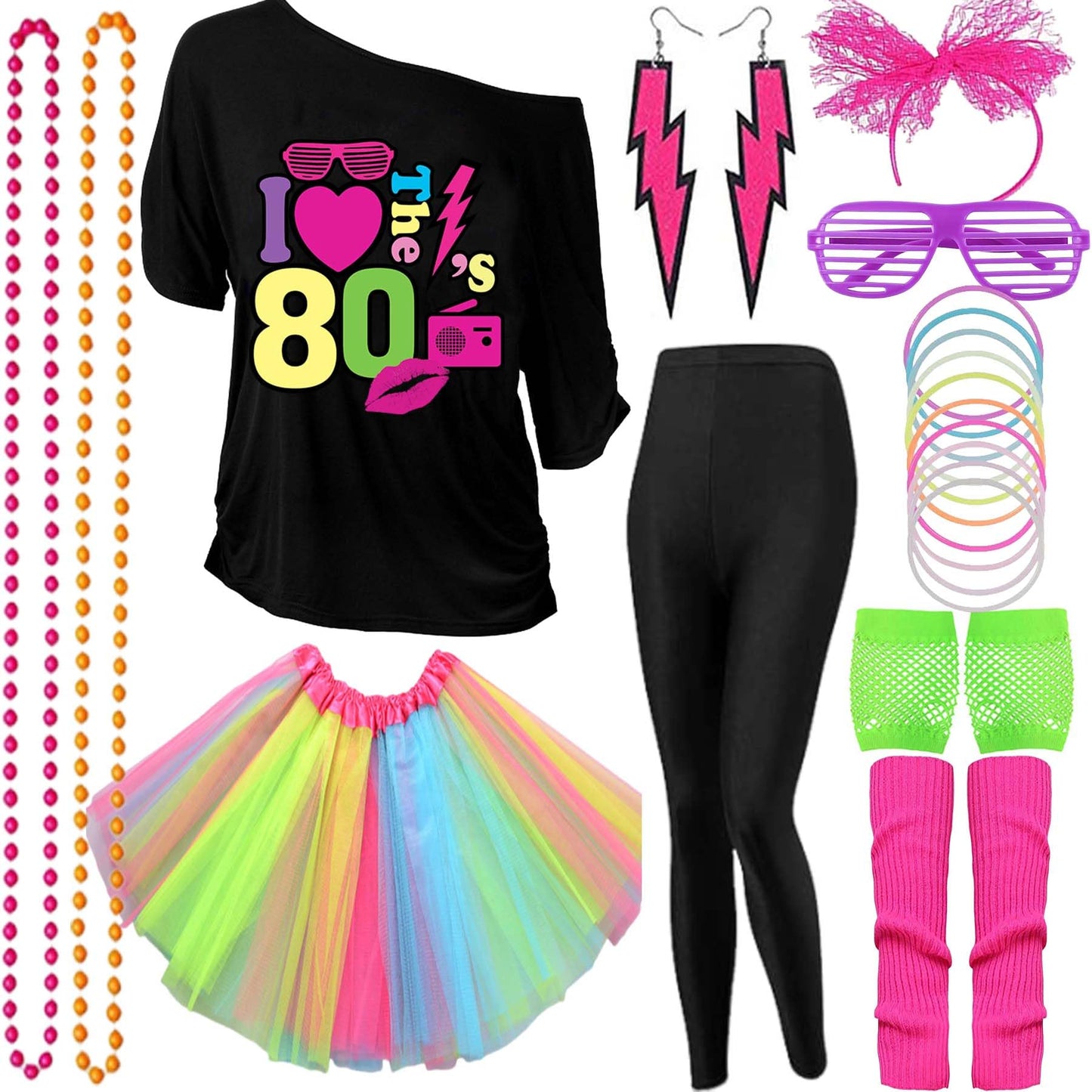 GDXINYES 22 Pieces Halloween Women 80s Costume Accessories Set 80s Cosplay costume for women 1980s outfits 80's costume outfits (Rainbow Dress+Black Leggings M)