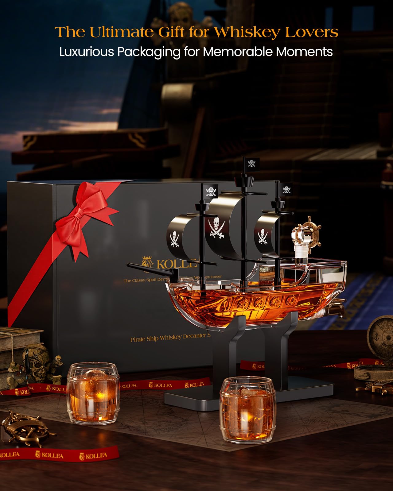 Kollea Birthday Gifts for Men Dad, Pirate Ship Whiskey Decanter Set with 2 Glasses, Liquor Dispenser for Home Bar, Funny Gift Ideas for Him, Husband, Father, Boyfriend, Anniversary, Sailor & Captain