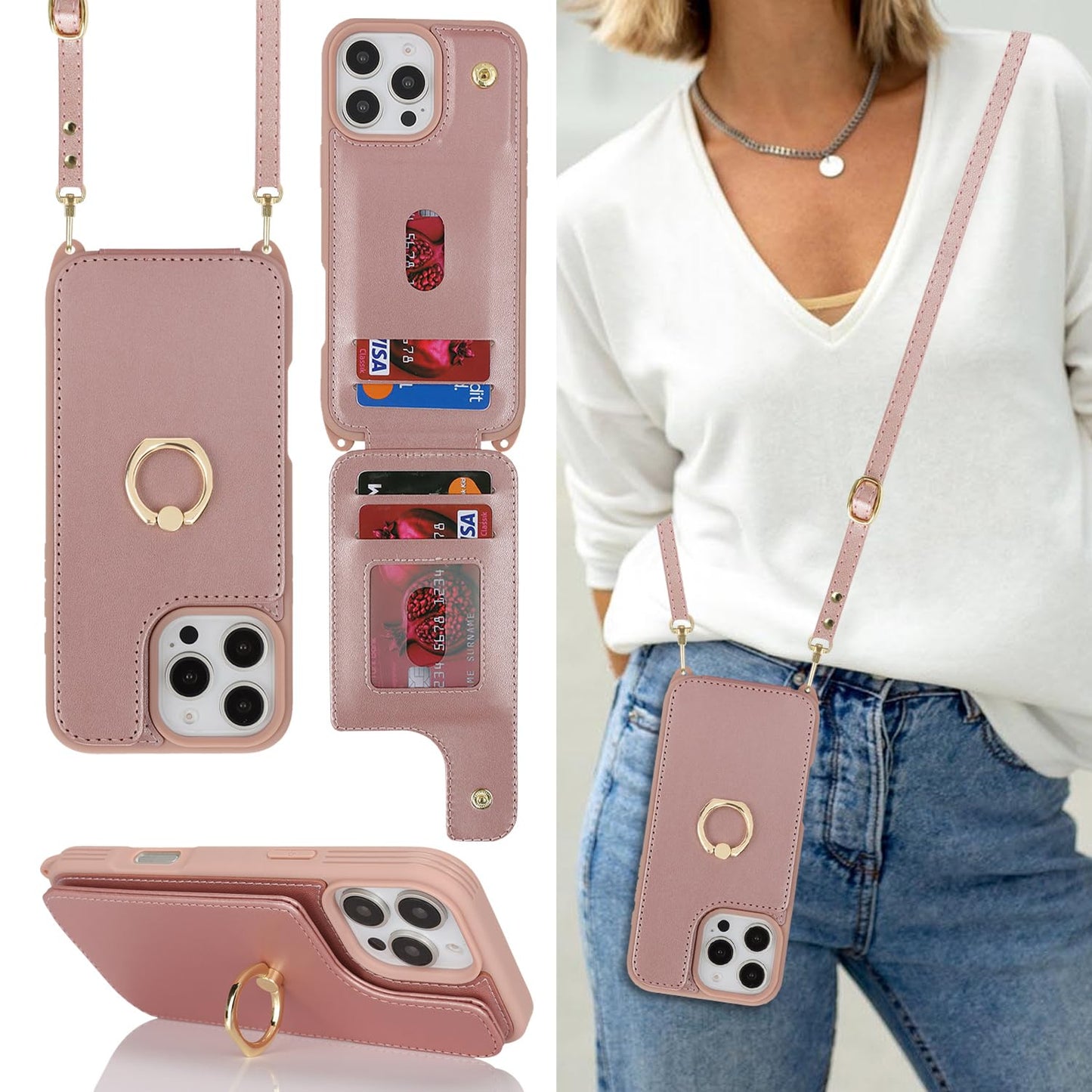 Lipvina For Iphone 16 Pro Max Case With Card Holder And Strap For Women,Crossbody Lanyard,Ring Stand,Snap Clasp,Cute Phone Walle