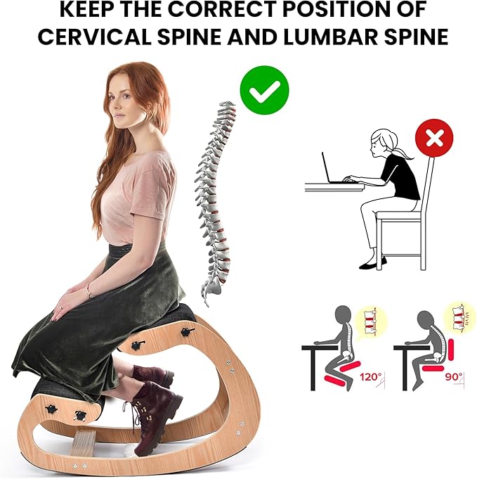 Easyego Kneeling Chair Ergonomic Posture Chair, Wood Adjustable Rocking Knee with Soft Padding, Natural Relief for Neck or Back Pain for Home Office, Max Load 300 lb - Black