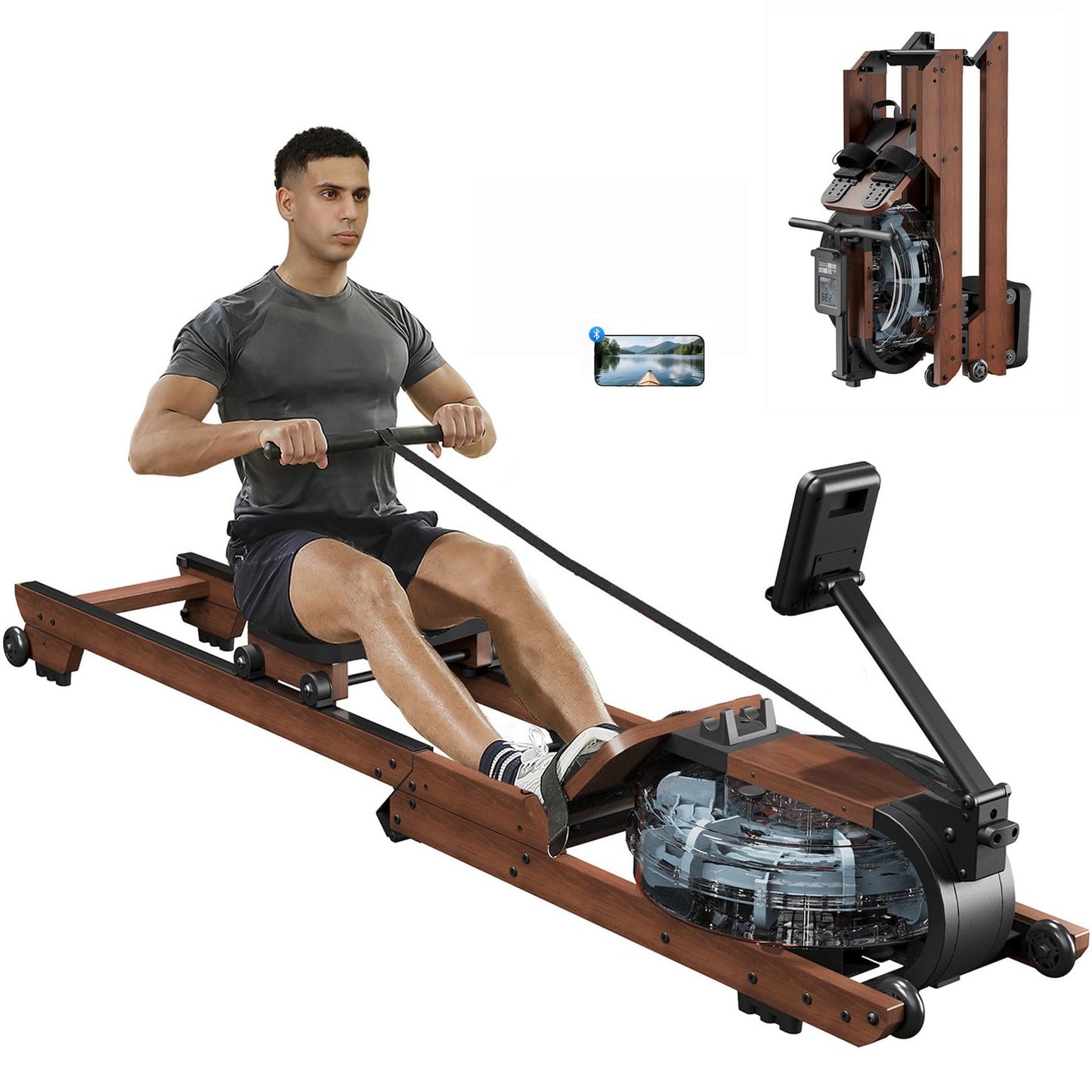 Dripex Rowing Machines for Home Foldable, Water Rowing Machine Max 400 LBS, Water Row Machine with Large LCD Monitor, Smooth Slide Rail, Bluetooth App Supported, Wooden Rower for Home Gym Exercise
