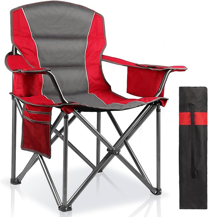 LANMOUNTAIN Oversized Padded Camping Chairs for Adults,Heavy Duty Support 400 Lbs,Folding Portable Lawn Chair w/Cup Holder,Cooler Bag,Side Pocket,Perfect for Outdoor Picnic,Hiking(Red)