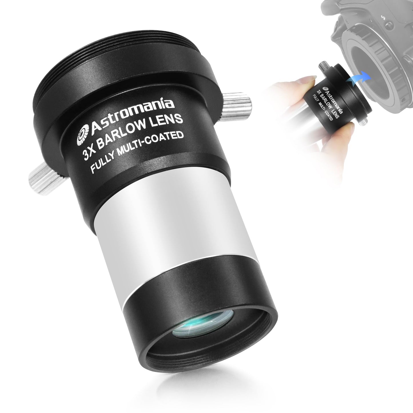 Astromania 3X Barlow Lens 1.25 Inch Fully Multi Coated Metal Short Focus Barlow Lens Internal Brass Ring & Two Fixing Thumbscrew