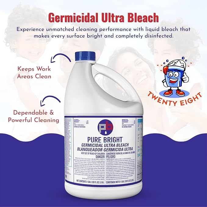 Twenty-Eight Ultra Bright Liquid Bleach, Ultra-Strength Cleaner, 1-Gallon Bottles (Pack of 6)