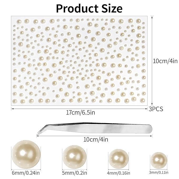 975Pcs Pearl White Face Gems, Self-Adhesive Rhinestones 3/4/5/6 mm DIY Face & Body Gems for Makeup, Crafts
