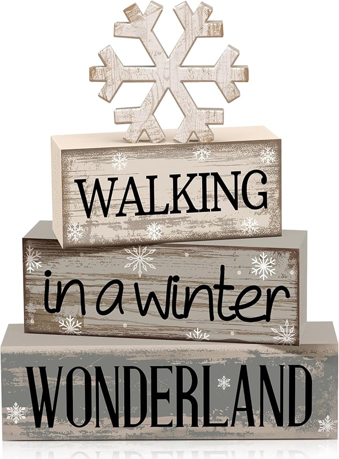 Moucuny 4 Pcs Winter Table Decorations Wooden Snowflake Decor Winter Tiered Snow Tray Decor Rustic Block Signs Gift Farmho...