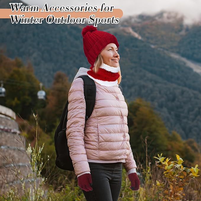 SATINIOR 5 Pcs Winter Hat Scarf Gloves Set Fleece Warm Lined Knit Beanie Hat Touch Screen Earmuff Gloves Warmer for Women(Wine Red,Classic Style)