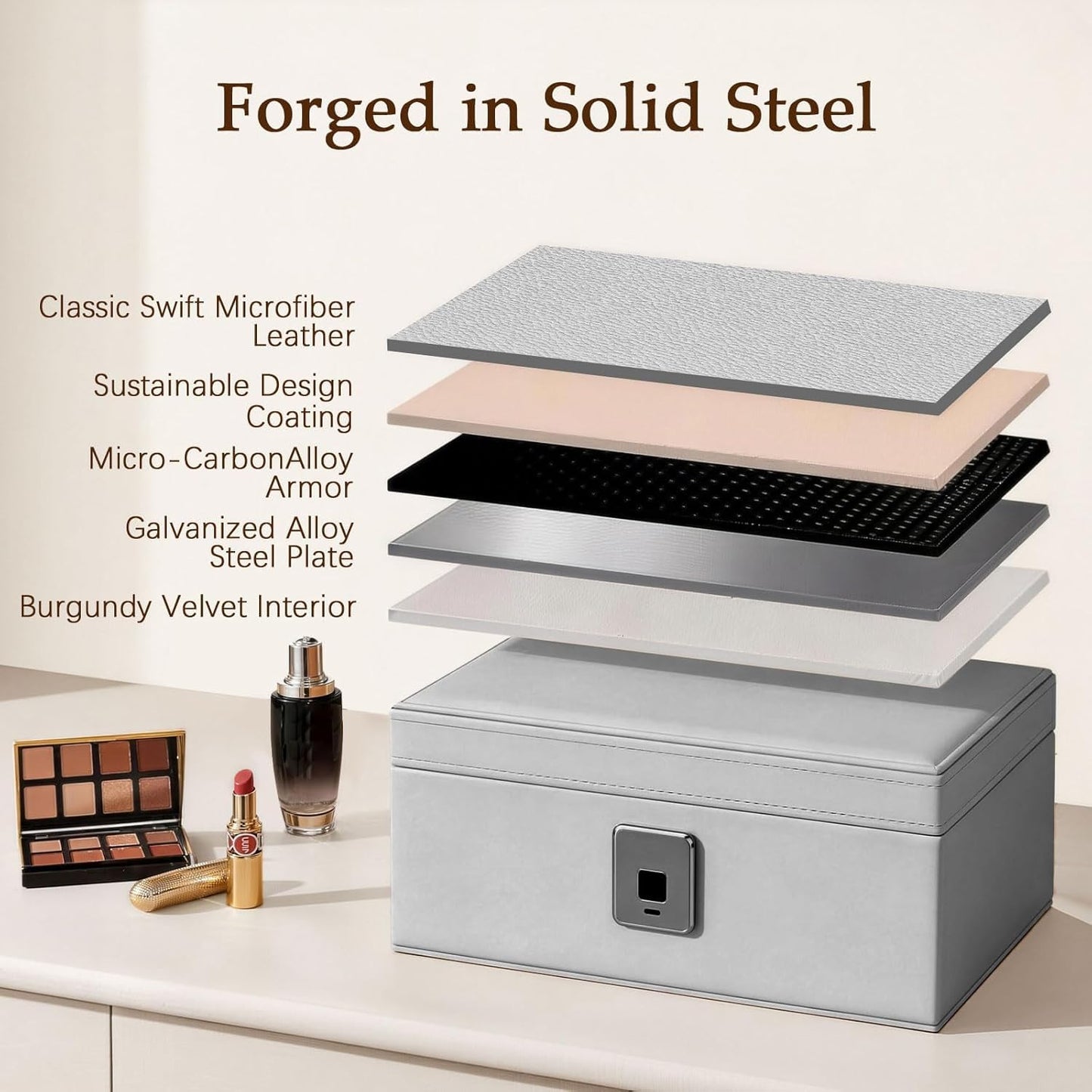 VALINIRT Jewelry Safe, Biometric Fingerprint Safe, Leather Wrapped Jewelry Box with Lock & Mirror, Ultra-Lightweight Jewelry Box Suitable for Home Use & On-the-Go(Three-Tier Gray)