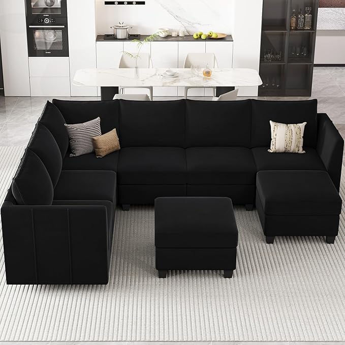 Belffin Modular Sectional Sofa U Shaped Couch with Storage Ottoman Velvet Sectional Couch for Living Room, Black