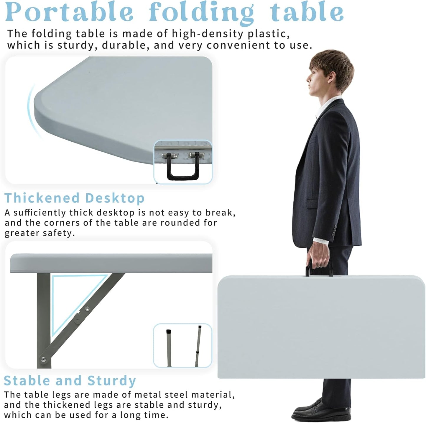 34" Square Folding Table,Multi-Functional Portable Folding Card Table with Carrying Handle for Indoor Outdoor Camping,Picnic, Office, Party Use, HDPE Plastic Tabletop with Metal Frame(Grey)