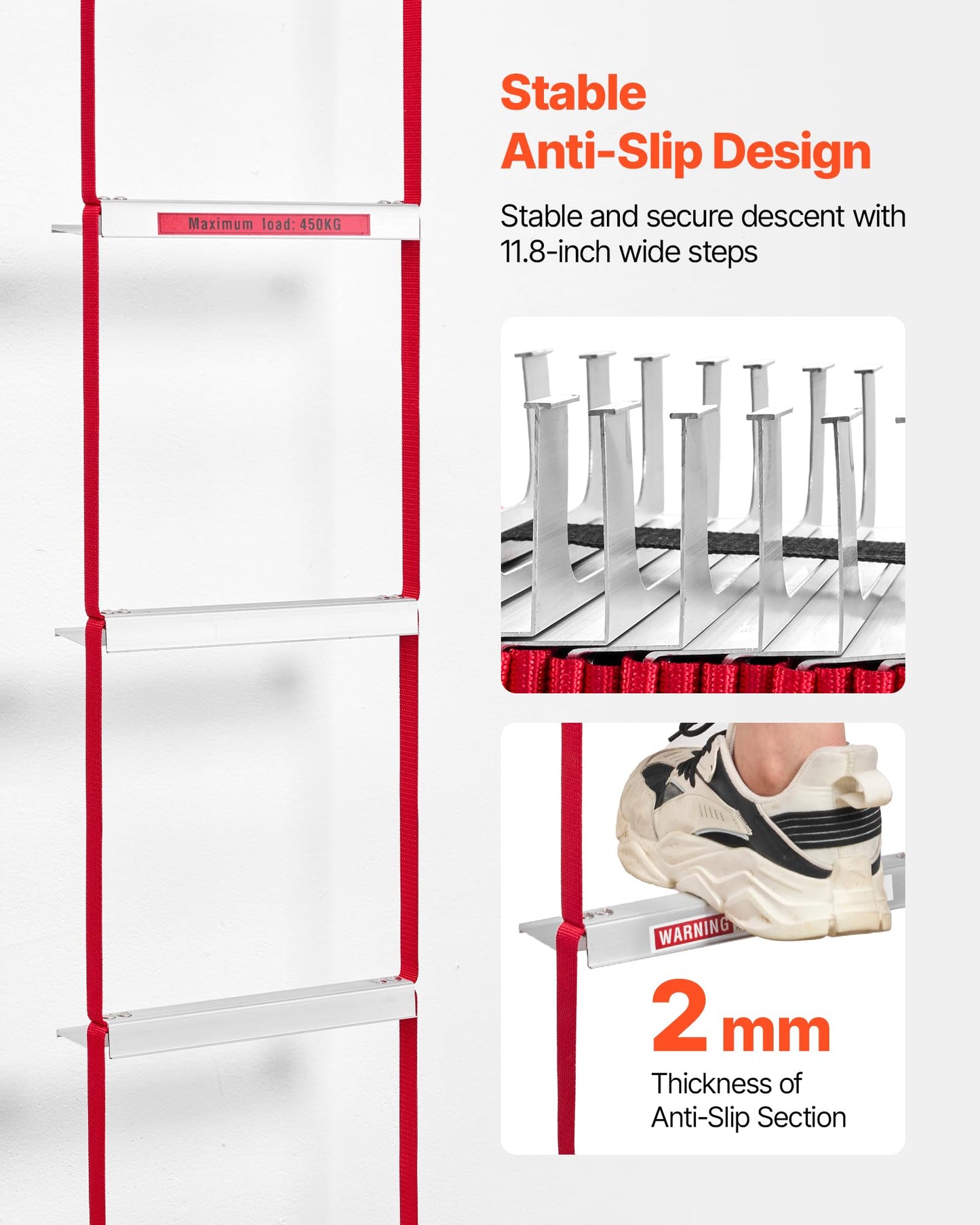 VEVOR Fire Escape Ladder, 3-Story 25FT Retractable Emergency Fire Ladder, Lightweight Aluminum Alloy Safety Escape Ladders with Sturdy Polyester Strap, Anti-Slip Rung & Wide Steps, 1000LBS Max Loading