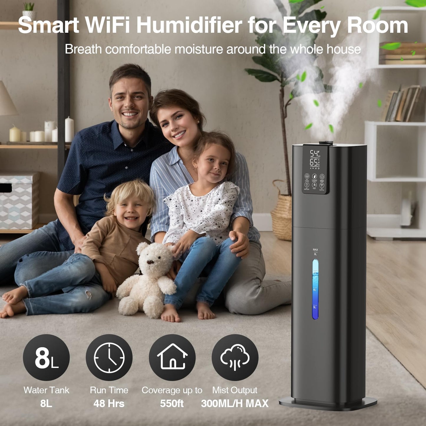Honovos Smart Humidifier 2.11Gal, Black, Quiet Top Fill Cool Mist, Remote Control, Model JXLR-786, Ideal for Large Rooms and Offices