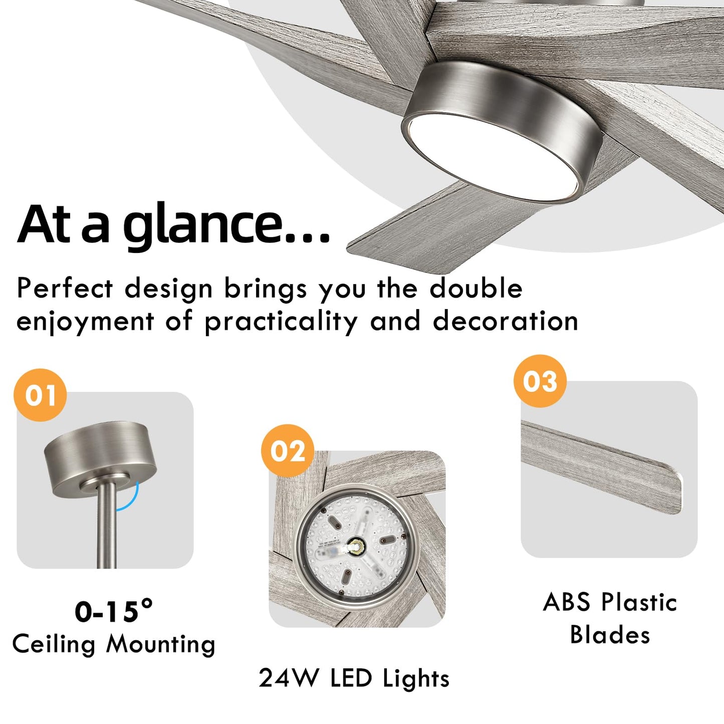 WINGBO 64" ABS DC Ceiling Fan with Lights, 5 Blade ABS Wood Grain Ceiling Fan with Remote, 6-Speed Reversible DC Motor, LED Ceiling Fans for Kitchen Bedroom Living Room, Antique Nickel and Grey