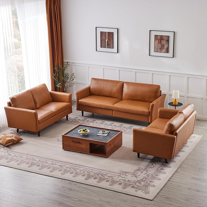 Kingfun Living Room Furniture Sets, 3 Seater Sofa, Loveseat and Loveseat, Mid Century Modern Sofa Set, Faux Leather Couch with Solid Wood Frame for Living Room & Bedroom, Mid Brown