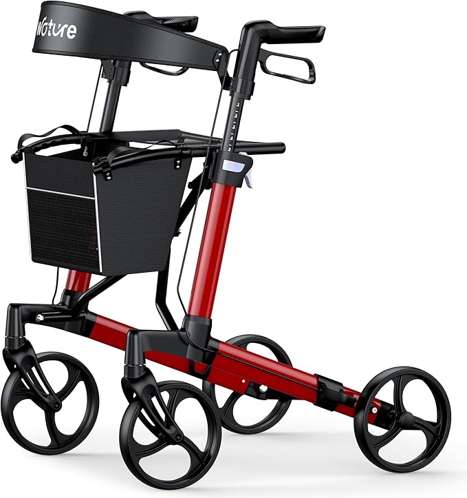 WOTURE Rollator Walker with Seat, Lightweight Rolling Walker, Foldable Rollator Walker for Seniors, 8" Big Wheels for All Terrain, Dual Height Adjustment, Only 16 Ib, Red