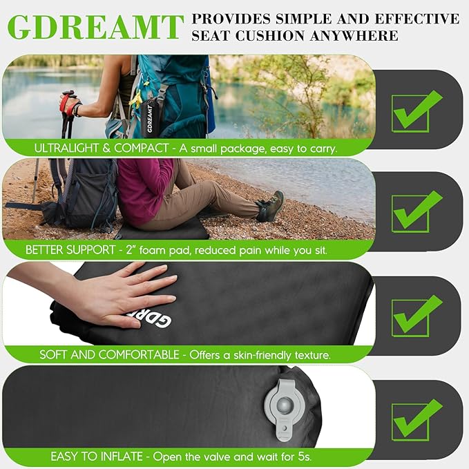 GDREAMT Inflatable Seat Cushion, Self-Inflating Memory Foam Stadium Seats Cushion Lightweight & Compact Chair Sitting Pad Airplane Cushion for Long Flight Travel Outdoor Camping Car Bleachers Office