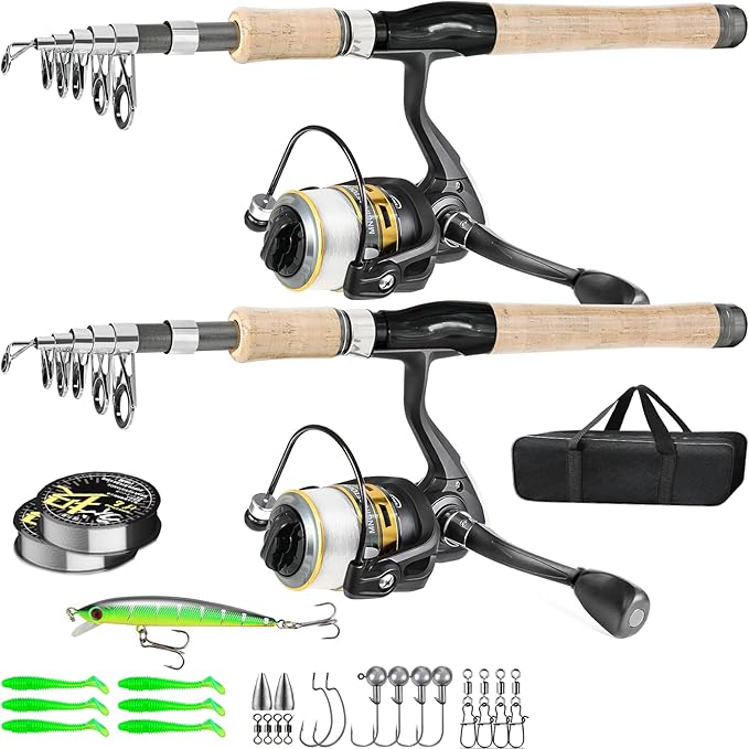 2PCS Fishing Pole Combo,Carbon Fiber Fishing Pole ，12 +1 Shielded Bearings Stainless Steel BB Spinning Reels Fishing Carri...