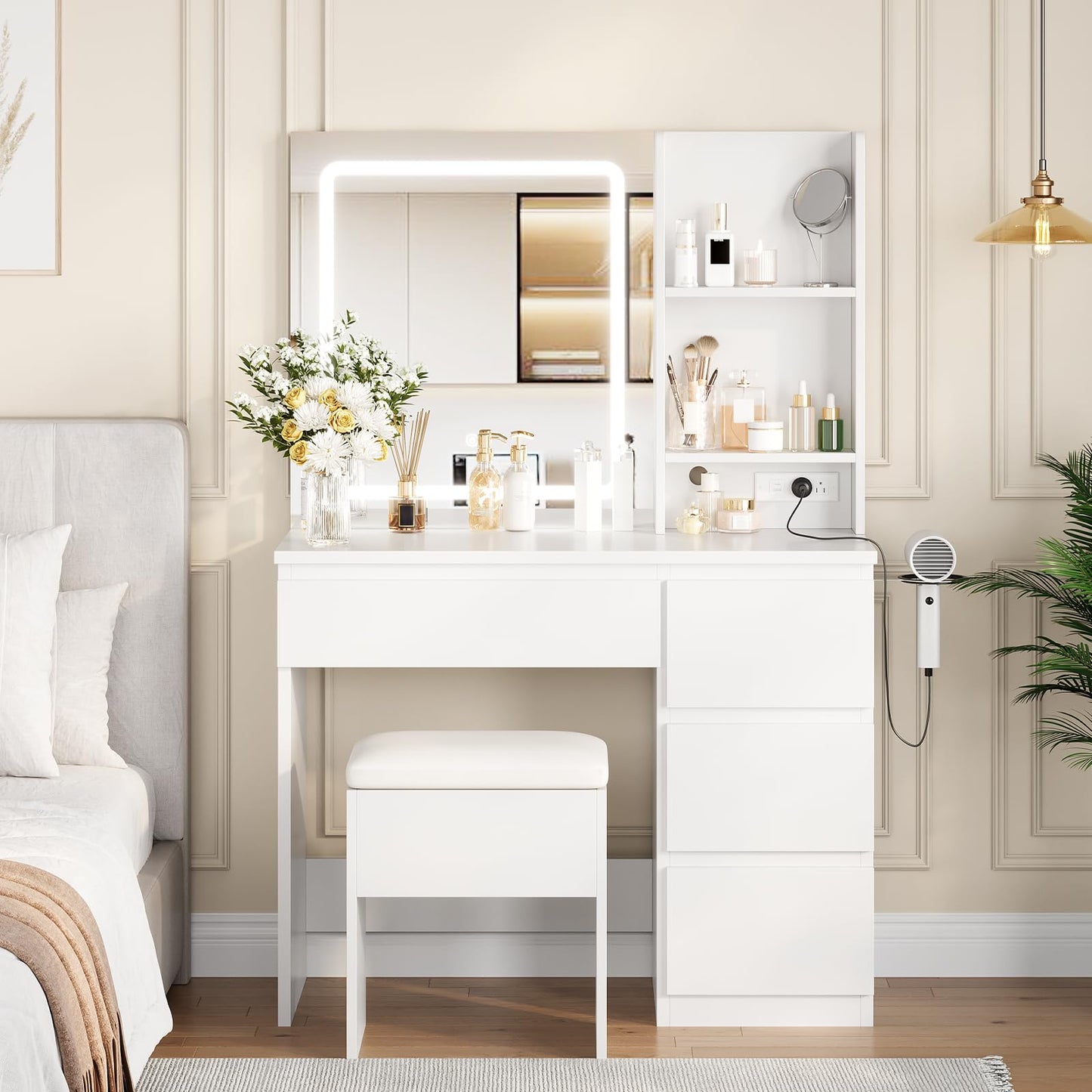 Vanity Desk with Mirror and LED Light, Vanity Desk with 4 Drawers, Power Outlet, Storage Stool, Open Shelves, Hairdryer Holder, Adjustable 3 Lighting Mode, Makeup Vanity Set for Bedroom, White