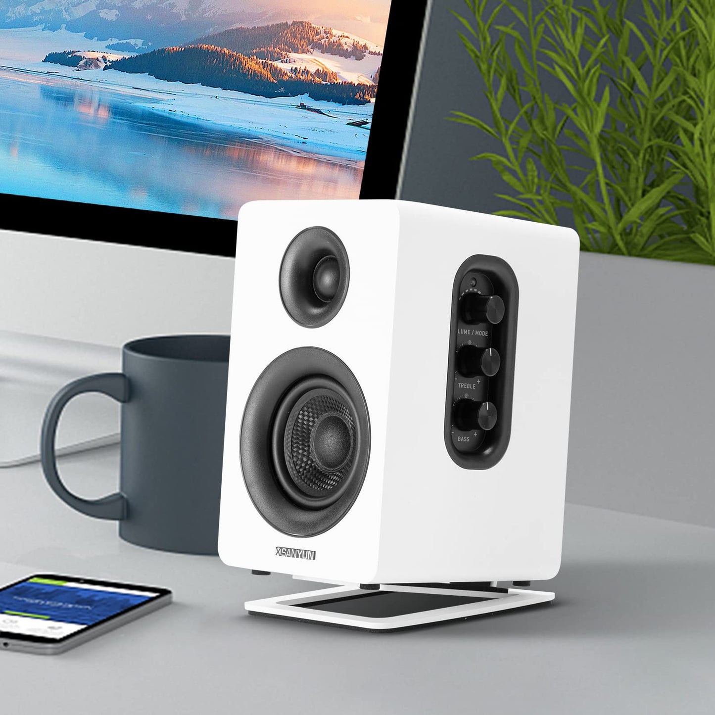 Sanyun SW601 Metal Desktop Stands for Compact 2''-3'' Speakers, Tilted Steel With Damping Foam Padding for Computer PC Tabletop Monitor, Recommended for SW208 White (Pair)