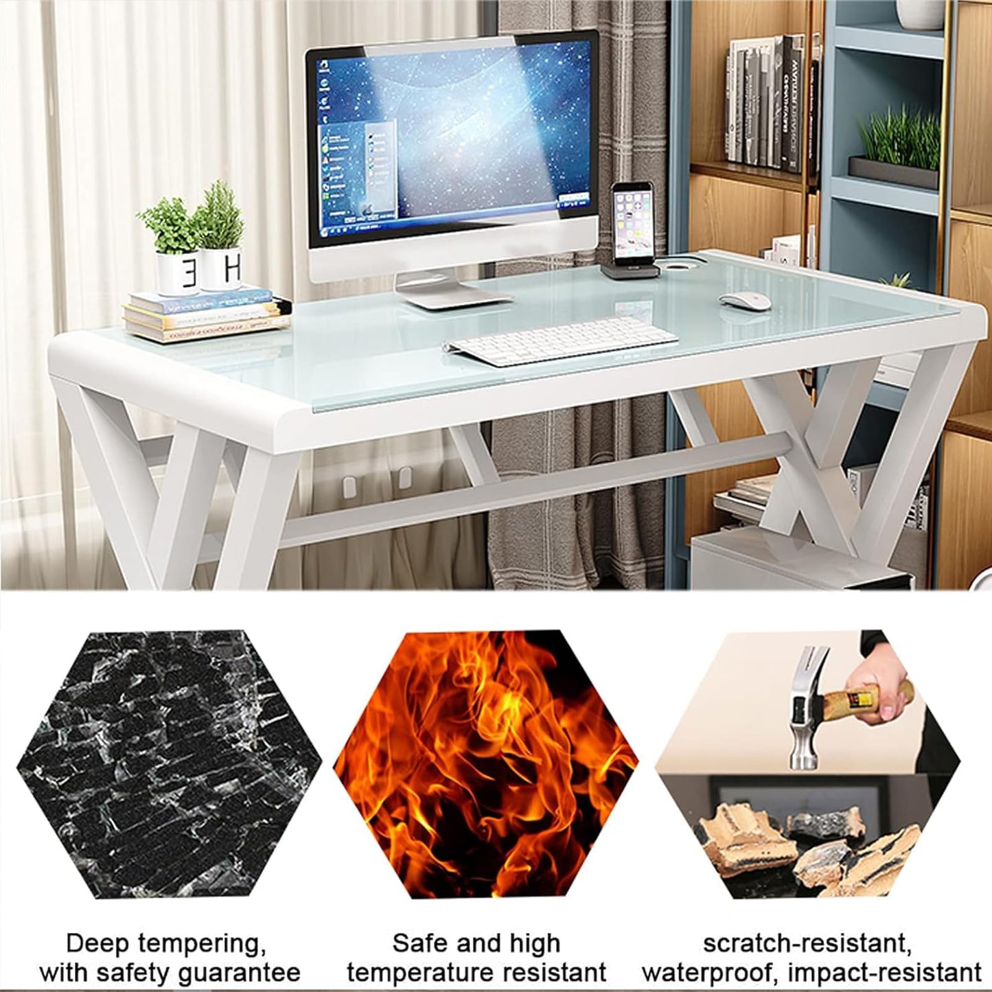 SAMERY Computer Desk & Gaming Desk, Home Office Desks 55.1 Inch- Modern Simple Writing Study White Glass Computer Desk Space-Saving Multipurpose Workstation with Metal Frame…