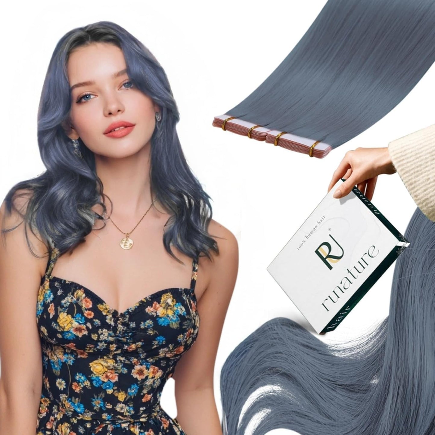 RUNATURE Light Blue Tape in Hair Extensions Human Hair Invisible Tape in Extensions Colored Highlight Real Human Hair Tape in Ex