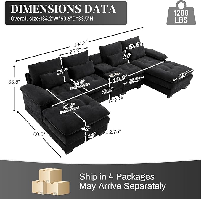 BEQAI 134"U Shaped Sectional Couches for Living Room,Oversized Modular Sectional Fluffy Couch with Chaise Lounge & Tufted Buttons,Modern Chenille 6 Seat Living Room Sofa Set with Storage Console,Black