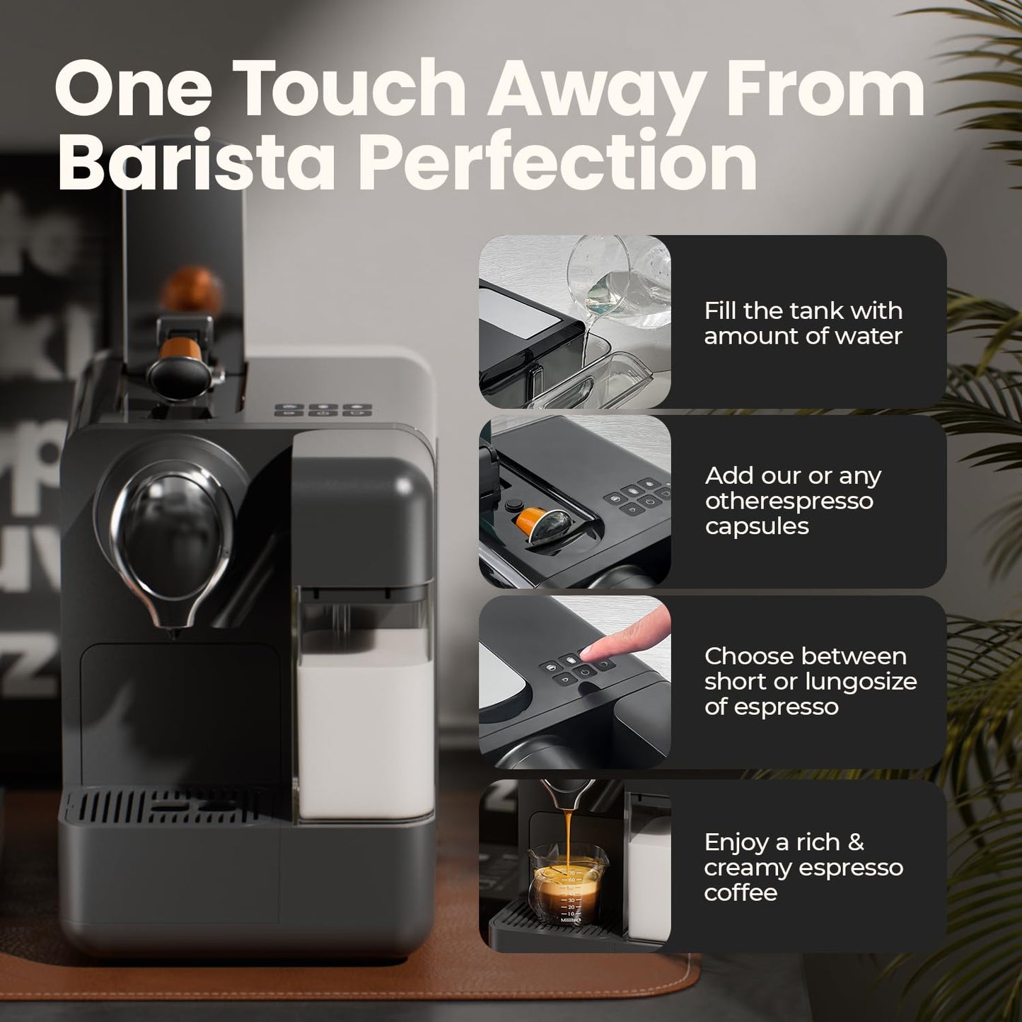 JZ.CAFE Espresso Machine with Integrated Automatic Milk Frother - Single-Serve Coffee Maker Capsule Compatible, One Touch Latte & Cappuccino, Single or Double Shot Espresso Maker