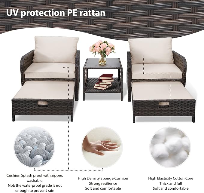 LEVELEVE Balcony Furniture 5 Piece Patio Conversation Set, PE Wicker Rattan Outdoor Lounge Chairs with Soft Cushions 2 Ottoman&Glass Table for Porch, Lawn-Brown Wicker