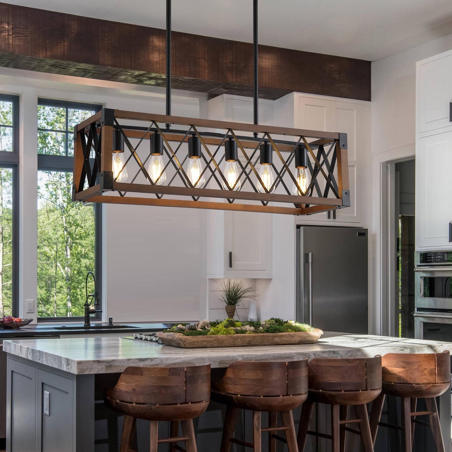 Dining Room Light Fixture/Chandelier Over Table,Matte Black Rustic Wood Ceiling Pendant Light,6-Light Kitchen Island Lighting Fixtures, Linear Farmhouse Chandeliers for Dining Room,Kitchen Island