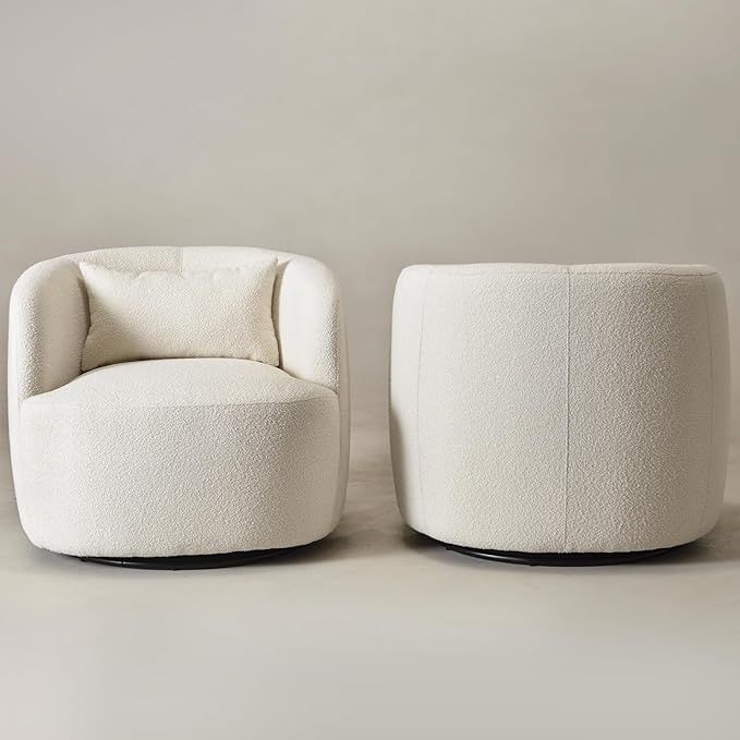 KINWELL 34" Wide Sherpa Swivel Barrel Chairs Set of 2, No Assembly Round Boucle Upholstered Accent Chairs Armchairs Single Sofa Chair with Toss Pillow for Living Room and Bedroom, Beige
