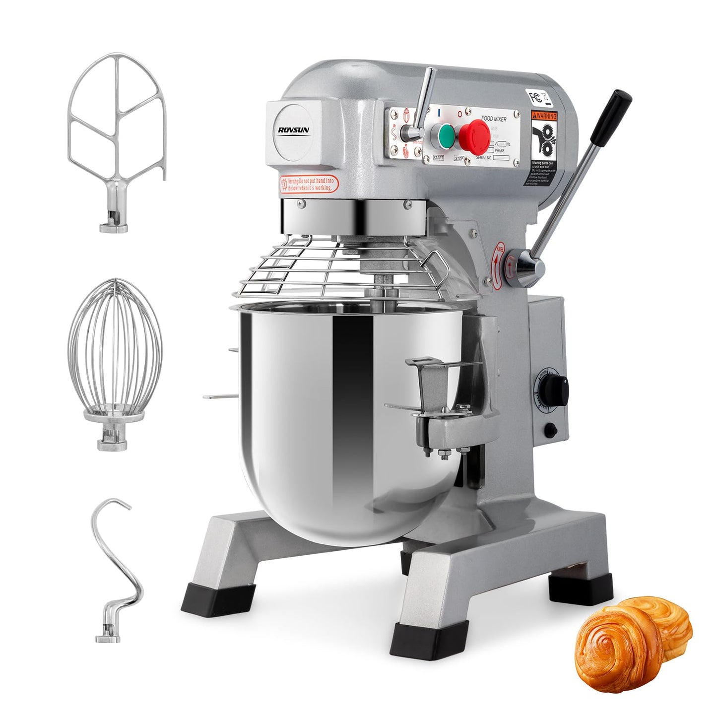 ROVSUN Commercial Food Mixer, 15QT 550W Electric Commercial Dough Mixer with 3-Speeds Adjustable, Stainless Steel Bowl Stand Mixer With Safety Guard for Bakery Pizzeria Restaurants