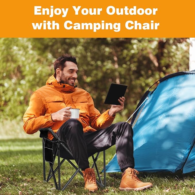 SAILARY 2PCS Folding Camping Chair Portable Outdoor Heavy Duty Padded Chairs Lawn Chair with Cup Holder, Storage Pocket and Cooler Bag, Supports 450LBS Black
